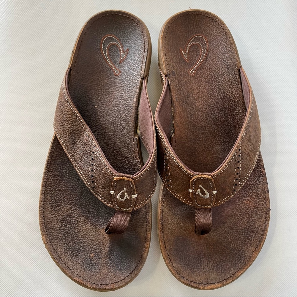 Olukai Men’s Brown Leather Sandals Flip Flops 10239